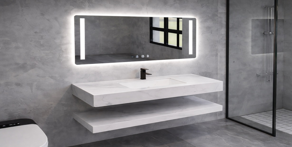 White all in one bathroom sink vanity with LED smart mirror and sintered stone sink